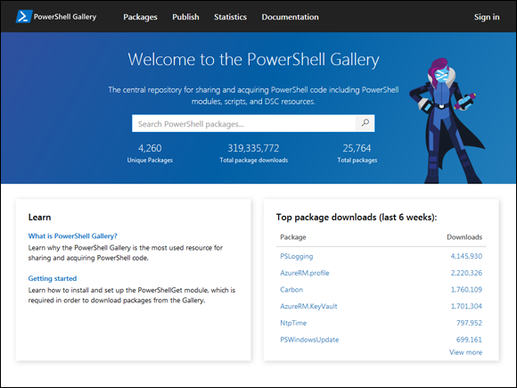 Screen capture depicting PowerShell Gallery homepage.