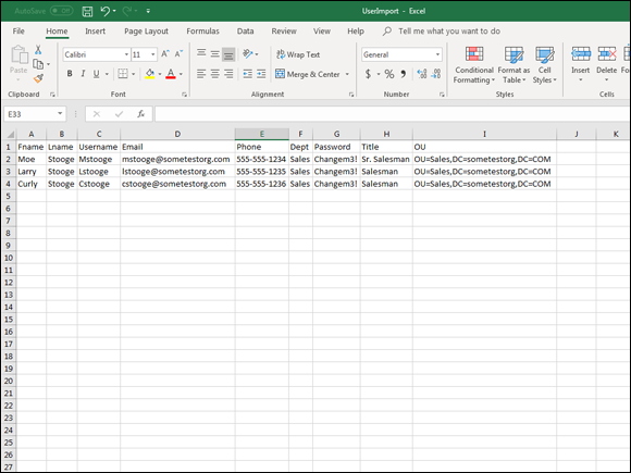 Screen capture depicting UseImport CSV file in Microsoft Excel.