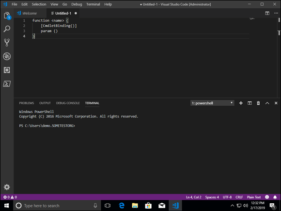 Screen capture depicting [CmdletBinding()] command output in Visual Studio Code.