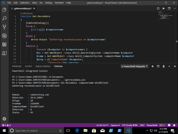 Screen capture depicting \getrecondata.ps1 output in Visual Studio Code.