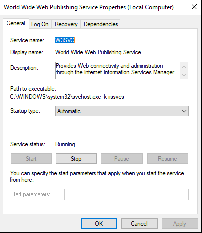 Screen capture depicting service name in services.msc panel of World Wide Web Publishing Service Properties screen.