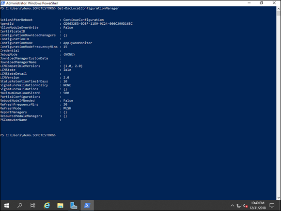 Screen capture depicting Get-DscLocalConfigurationManager command output in PowerShell.