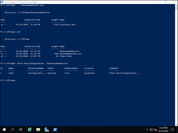 Screen capture depicting Start-DscConfiguration .\MyAwesomeWebsite command output in PowerShell.