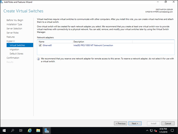 Screen capture depicting Add Roles and Features wizard with Virtual Switches option and Ethernet0 selected.