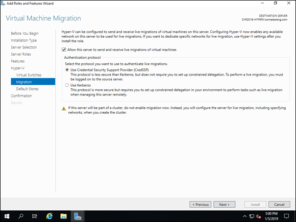 Screen capture depicting Add Roles and Features wizard with Virtual Machine Migration screen.