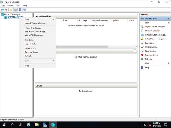 Screen capture depicting Hyper-V Manager screen with a drop-down menu.