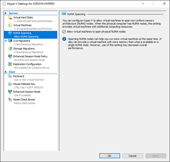 Screen capture depicting Hyper-V Manager screen with NUMA Spanning option.