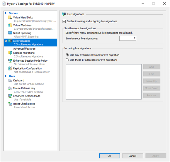 Screen capture depicting Hyper-V Manager screen with Live Migrations screen.