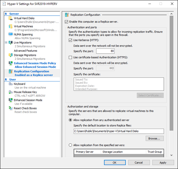 Screen capture depicting Hyper-V Manager screen with Replication Configuration screen.