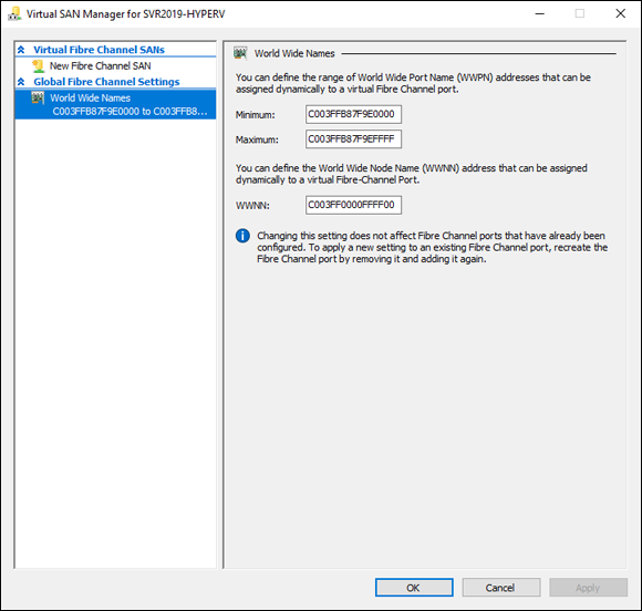 Screen capture depicting Virtual SAN Manager screen with World Wide Names.