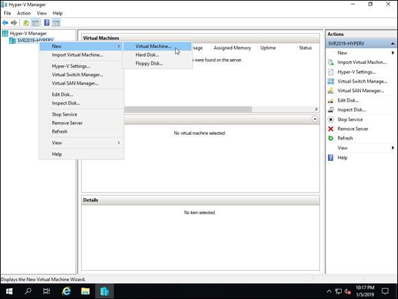 Screen capture depicting Virtual machine option in a drop-down menu in Hyper-V Manager.