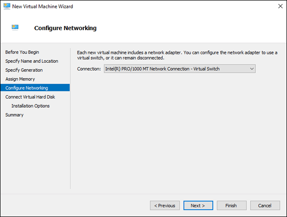 Screen capture depicting New Virtual Machine Wizard with Configure Networking screen.