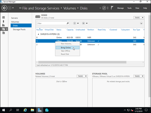 Screen capture depicting Bring Online option in a drop-down menu in Server Manager, File and Storage Services.