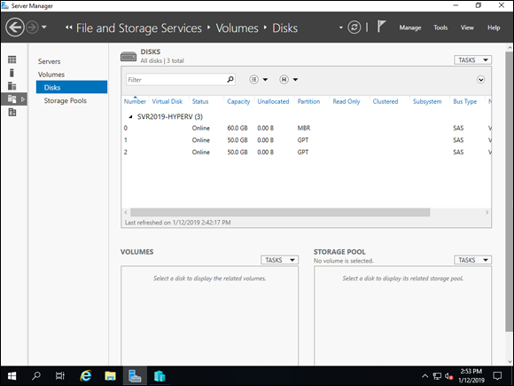 Screen capture depicting in Server Manager, Disks screen.