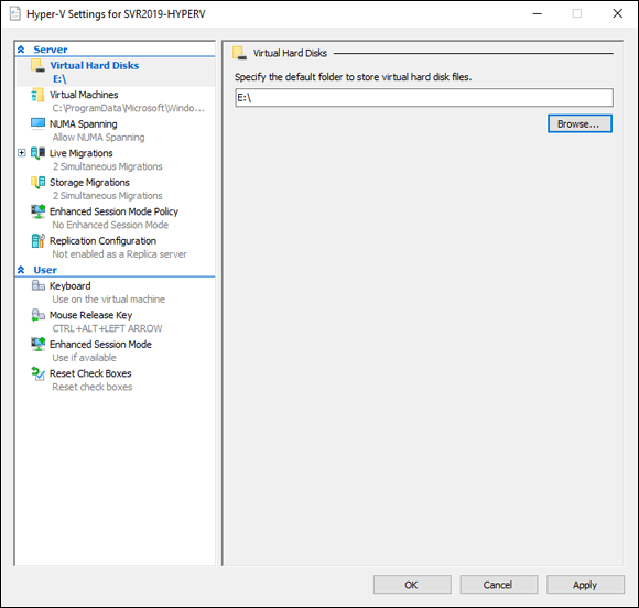 Screen capture depicting in Hyper-V Settings with Virtual Hard Disks screen.