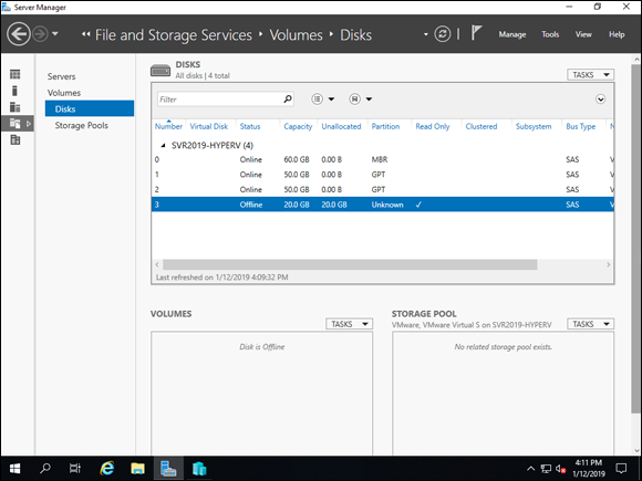 Screen capture depicting Server Manager, File and Storage Services screen.