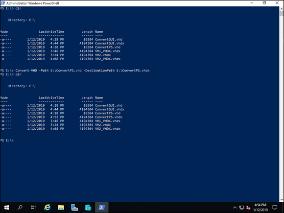 Screen capture depicting in Convert-VHD -Path command output in PowerShell.