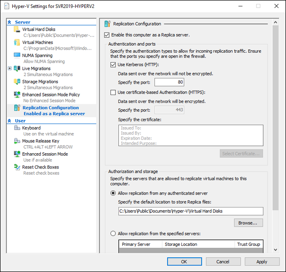 Screen capture depicting Hyper-V Settings screen with Replication Configuration.