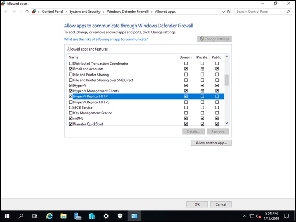 Screen capture depicting Hyper-V Settings screen with Replication Configuration.