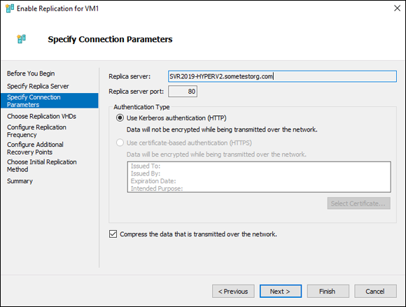 Screen capture depicting Specify Connection Parameters screen.