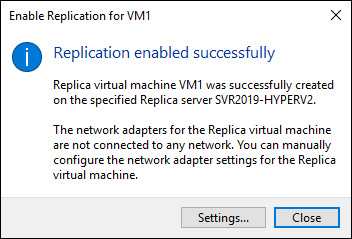 Screen capture depicting Enable Replication for VM1 screen with successful replication message.