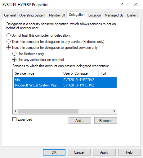 Screen capture depicting Hyper-V Properties screen with Delegation tab.