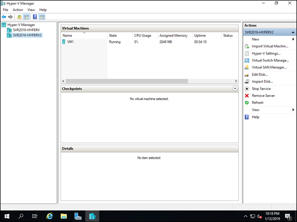 Screen capture depicting Hyper-V Manager screen with SVR2019-HYPERV2.