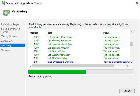 Screen capture depicting Validate Configuration wizard with Validating status bar.