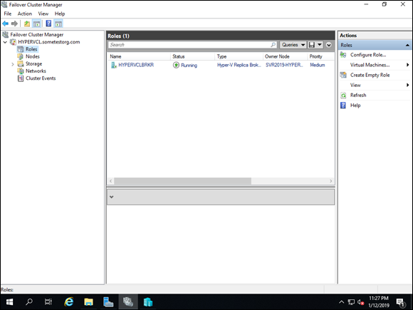 Screen capture depicting failover cluster Manager with Hyper-V Replica Broker.