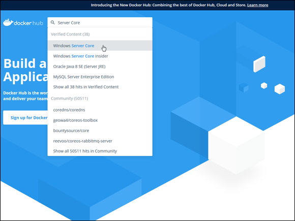 Screen capture depicting Server Core option in docker hub.