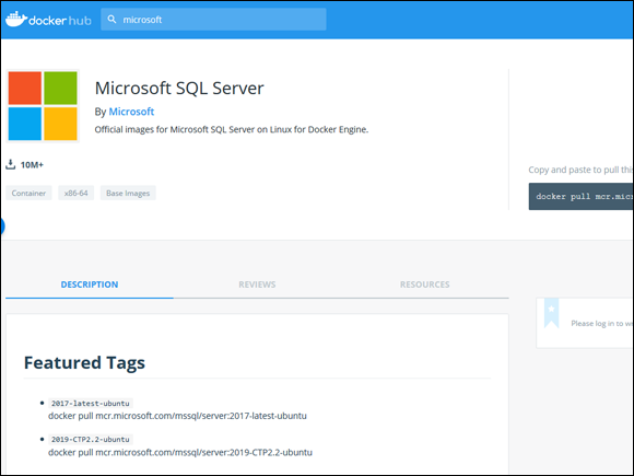 Screen capture depicting Microsoft SQL Server page in docker hub.