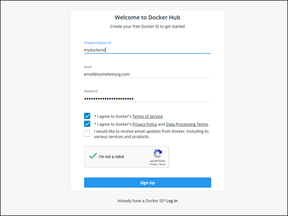 Screen capture depicting Welcome to Docker Hub page with ID and other information.