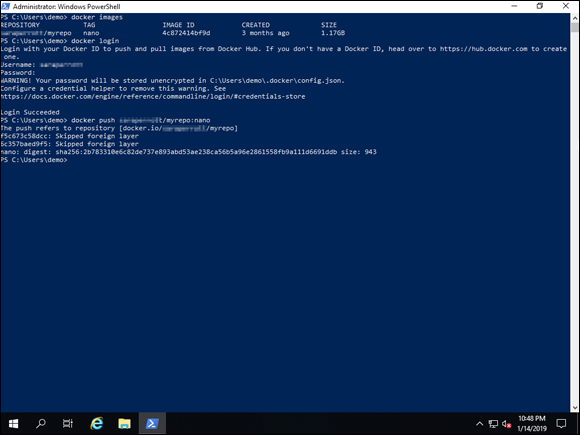 Screen capture depicting docker push command output in PowerShell.