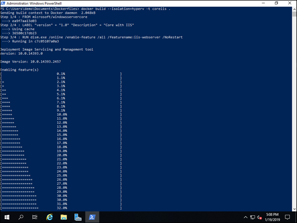 Screen capture depicting docker build -t coreiis . command output in PowerShell.