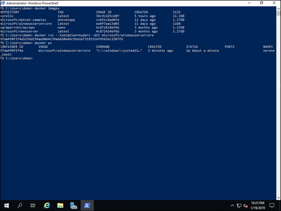 Screen capture depicting docker ps --isolation=hyperv command output in PowerShell.