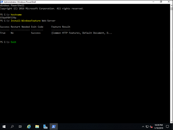 Screen capture depicting Install-WindowsFeature Web-Server command output in PowerShell.