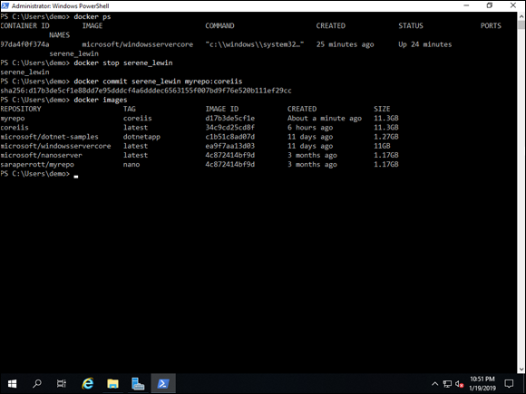 Screen capture depicting docker commit command output in PowerShell.