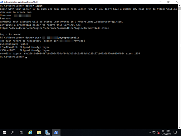 Screen capture depicting docker push command output in PowerShell.