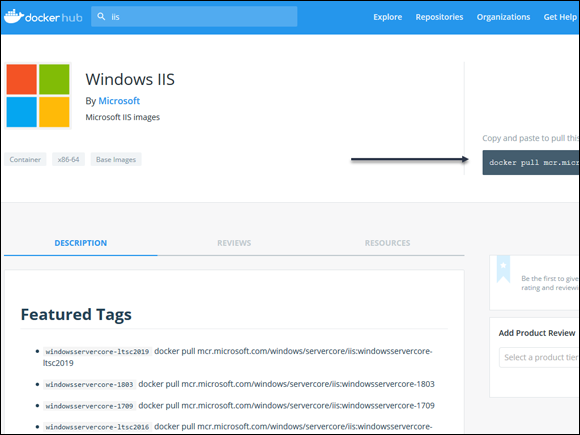 Screen capture depicting Windows IIS page in docker hub screen.