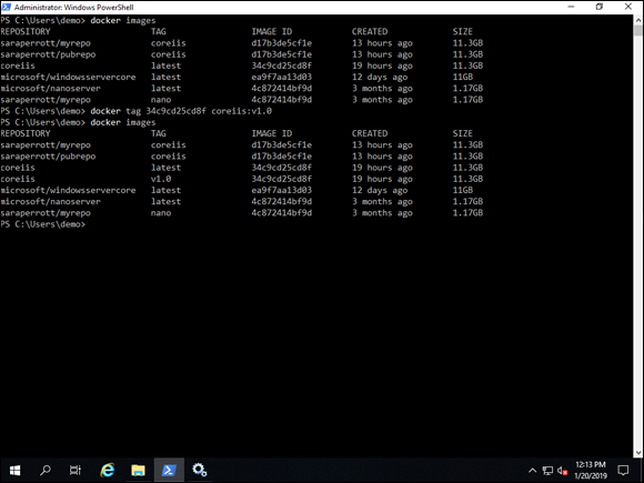 Screen capture depicting docker tag and images command output in PowerShell.