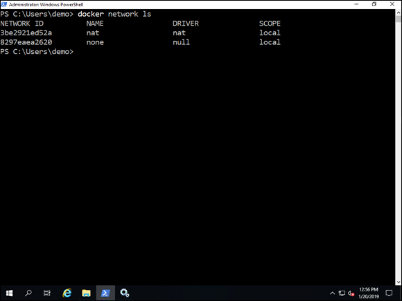 Screen capture depicting docker network ls command output in PowerShell.