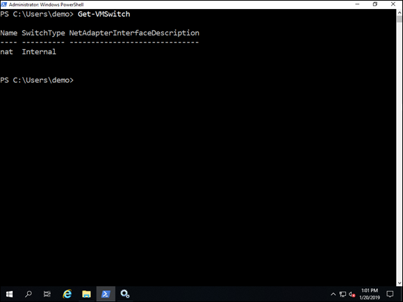 Screen capture depicting Get-VMSwitch command output in PowerShell.