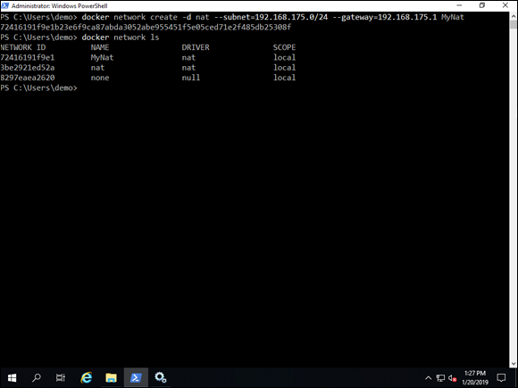 Screen capture depicting docker network create -d nat --subnet= command output in PowerShell.