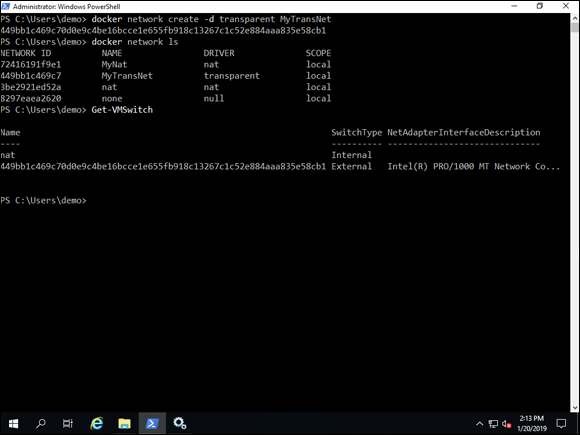 Screen capture depicting docker network create -d transparent command output in PowerShell.