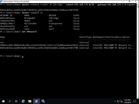 Screen capture depicting docker network create -d l2bridge command output in PowerShell.