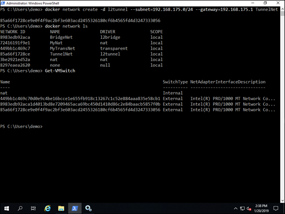 Screen capture depicting docker network create -d l2tunnel command output in PowerShell.