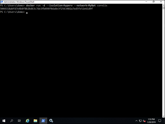 Screen capture depicting docker run -d --network= command output in PowerShell.