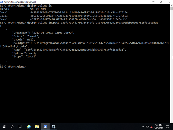 Screen capture depicting volume inspect command output in PowerShell.