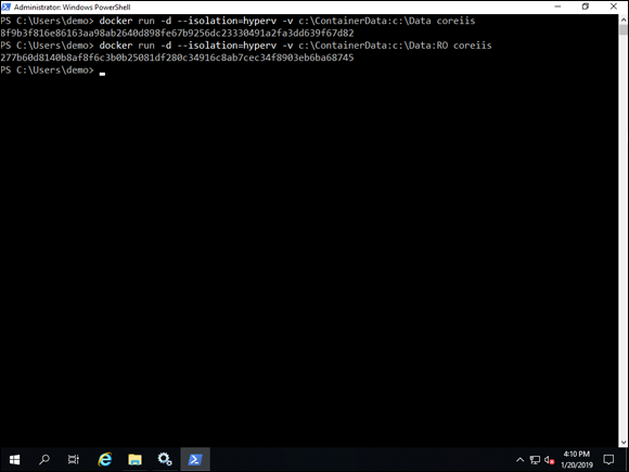 Screen capture depicting docker run -v command output in PowerShell.