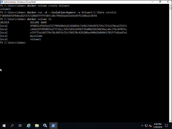 Screen capture depicting docker run -d -v command output in PowerShell.